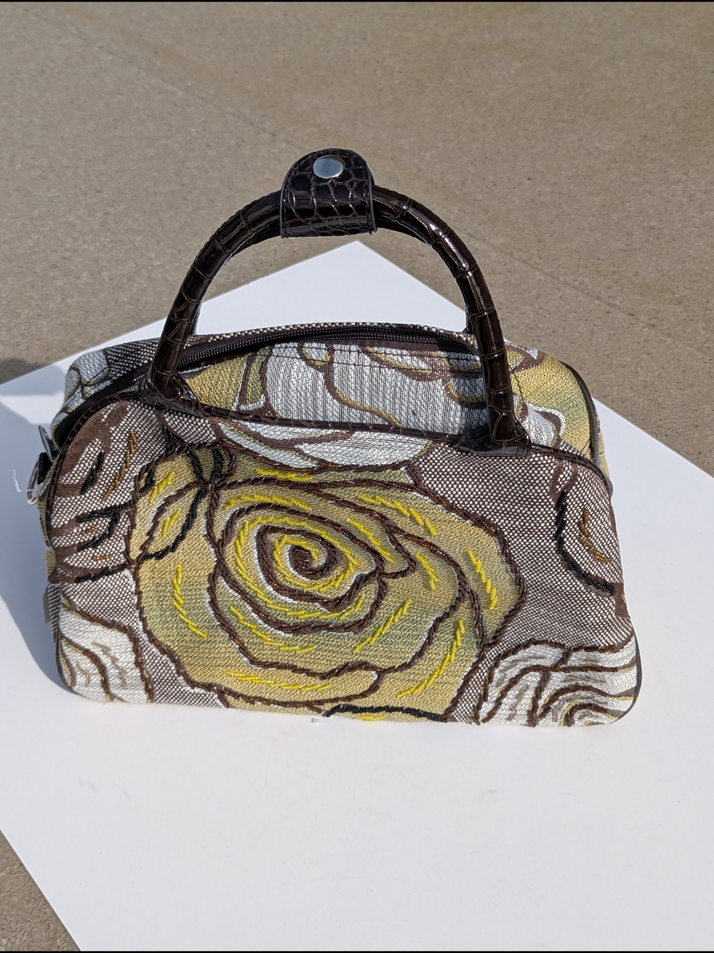 Floral Embroidered Yellow & Brown Women's shoulder Bag with Beaded accents